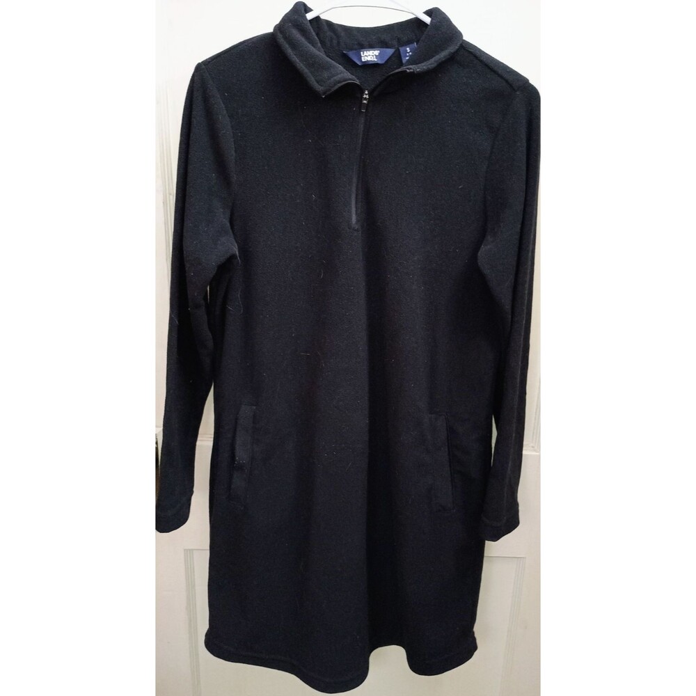 Lands' End Women's Small (6-8) Black Fleece Quarter Zip Long Sleeve Pocket Dress